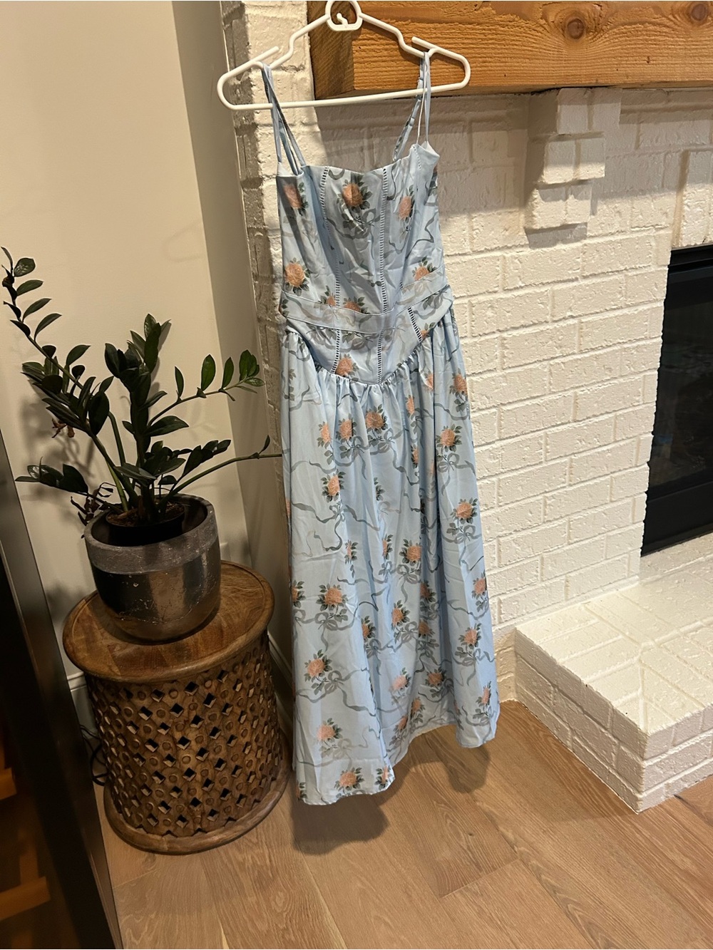 Light Blue Floral Midi Dress with Spaghetti Straps